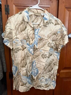 Liz Claiborne Beige and Light Blue Tropical Button-Down Shirt
